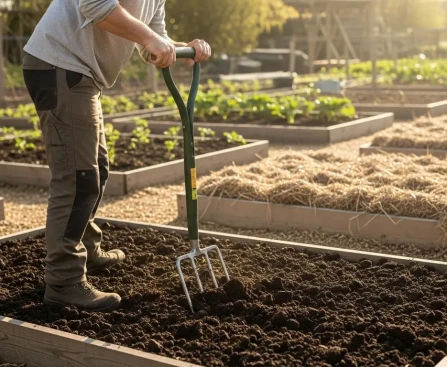 Jardinier utilisant une grelinette dans un potager pour aérer la terre sans la retourner