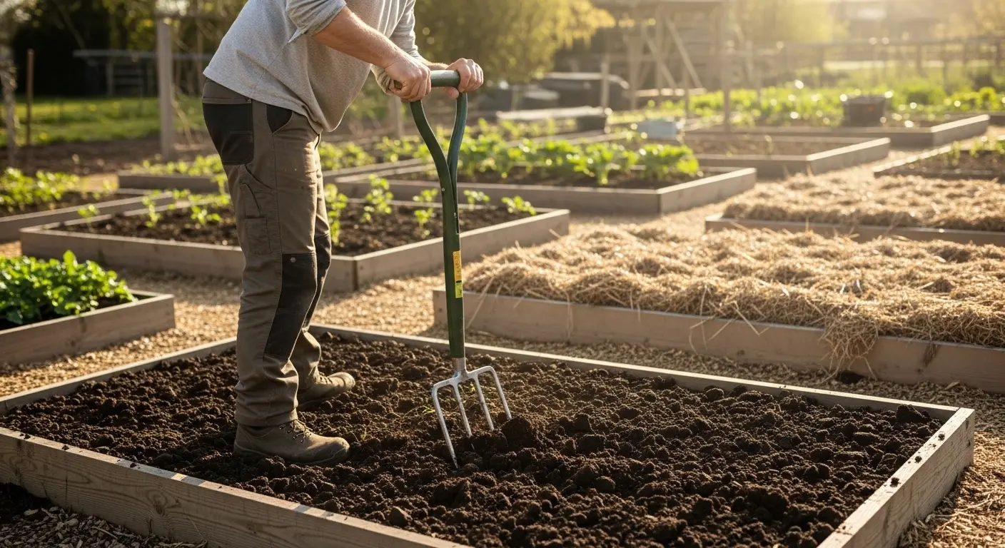 Jardinier utilisant une grelinette dans un potager pour aérer la terre sans la retourner