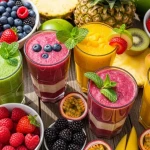 Verres de smoothies gourmands été aux fruits frais et colorés