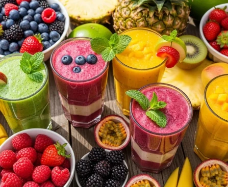 Verres de smoothies gourmands été aux fruits frais et colorés