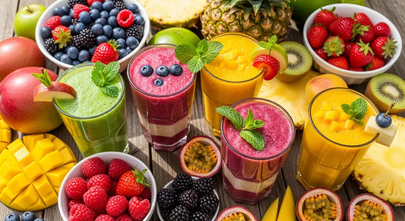 Verres de smoothies gourmands été aux fruits frais et colorés
