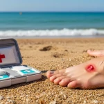 Personne appliquant un soin sur une piqûre de méduse à la plage