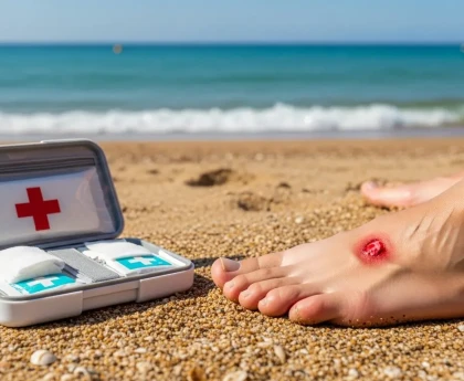 Personne appliquant un soin sur une piqûre de méduse à la plage