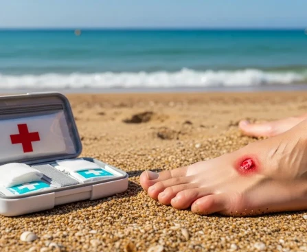 Personne appliquant un soin sur une piqûre de méduse à la plage