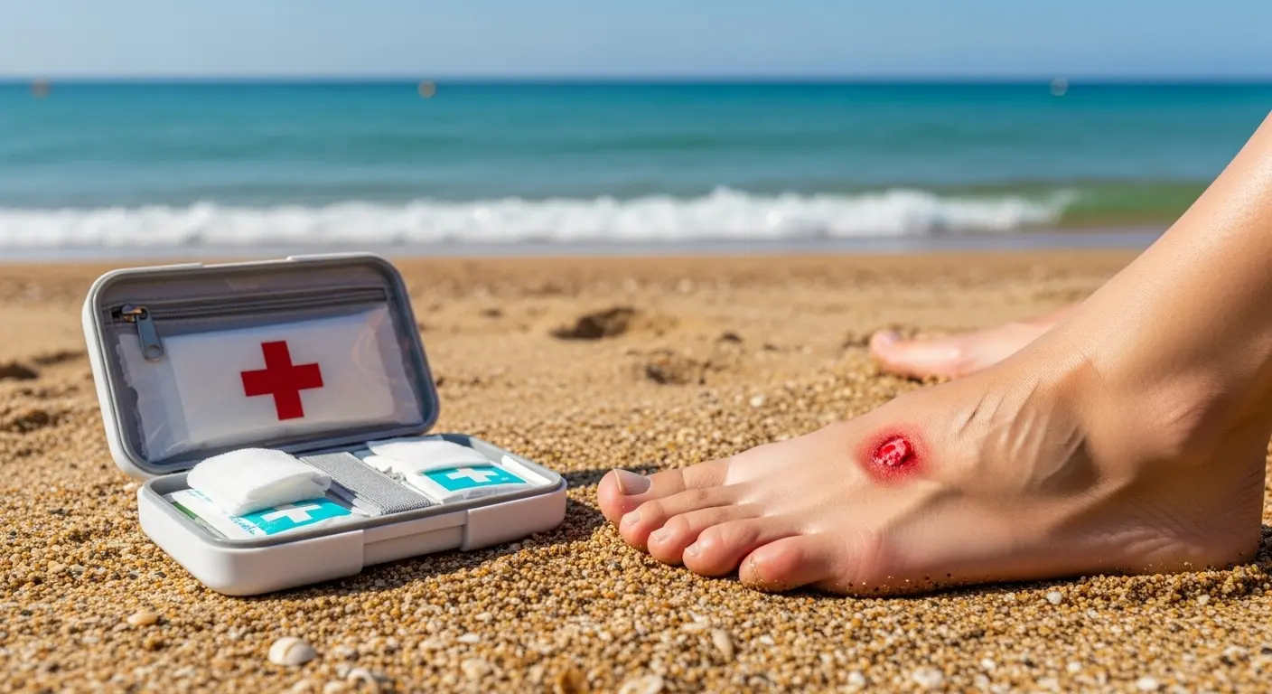 Personne appliquant un soin sur une piqûre de méduse à la plage