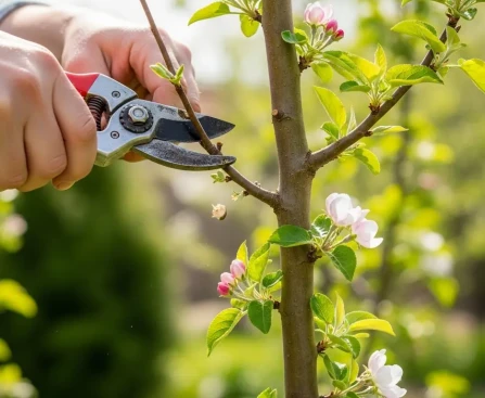 Taille du pommier colonnaire avec un sécateur, coupe d'un rameau latéral