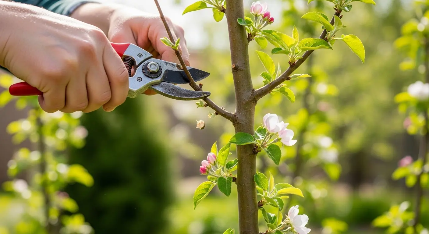 Taille du pommier colonnaire avec un sécateur, coupe d'un rameau latéral