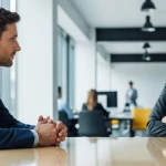 Candidat calme face au silence d'un recruteur lors d'un entretien d'embauche