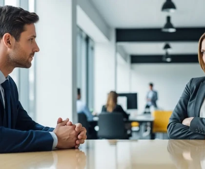 Candidat calme face au silence d'un recruteur lors d'un entretien d'embauche