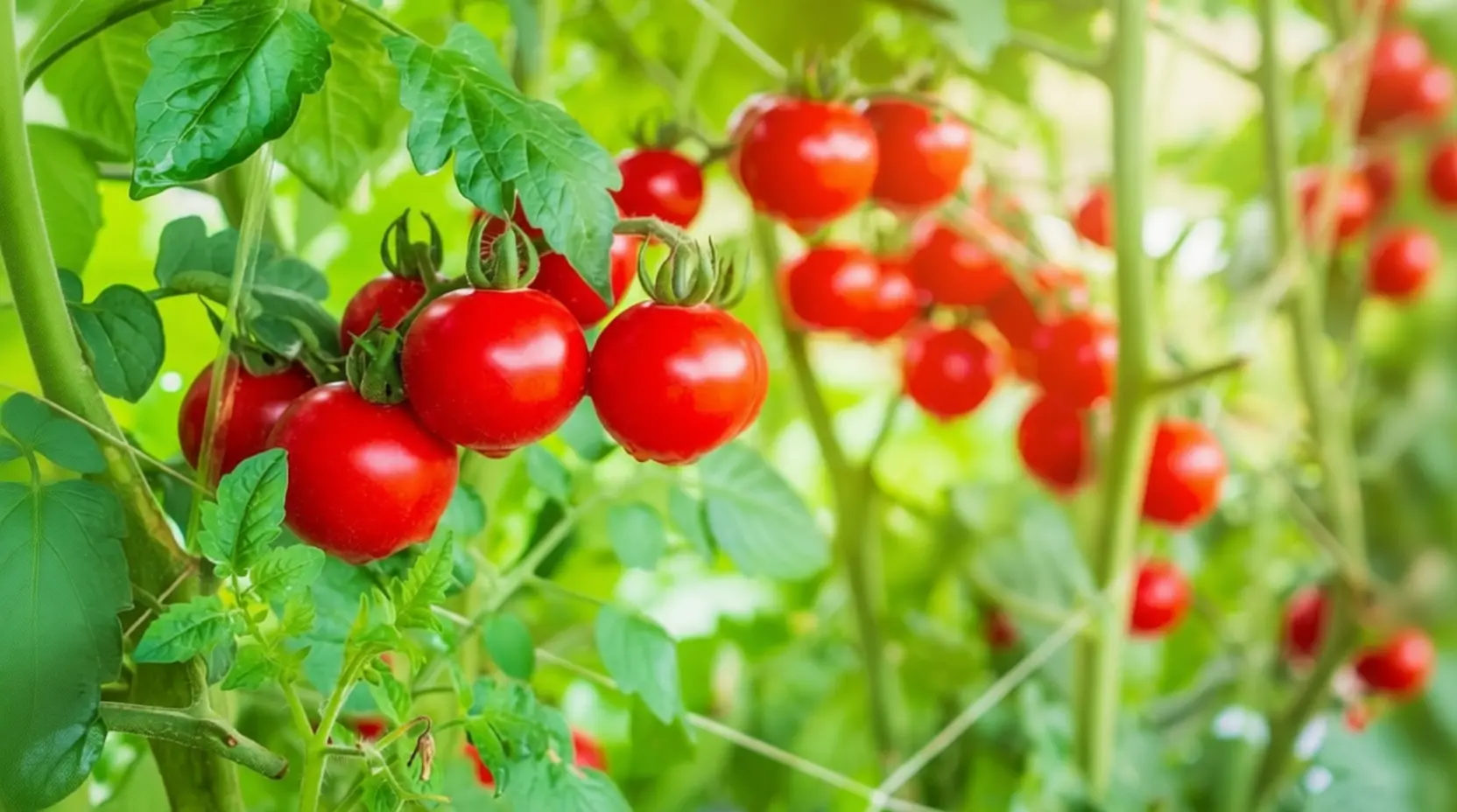Plants de tomates cerises avec paillage épais au pied en plein été
