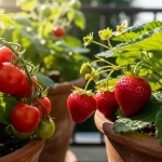 Tomates cerises et fraises cultivées en pot sur un balcon ensoleillé