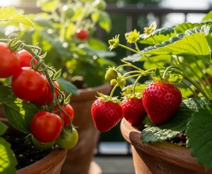 Tomates cerises et fraises cultivées en pot sur un balcon ensoleillé