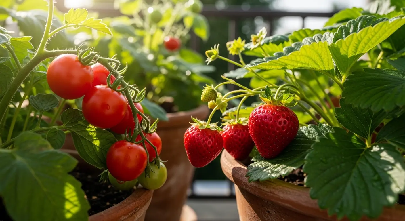Tomates cerises et fraises cultivées en pot sur un balcon ensoleillé