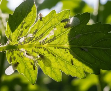 Feuilles de tomate retournées montrant des colonies d'aleurodes blancs, infestation au potager