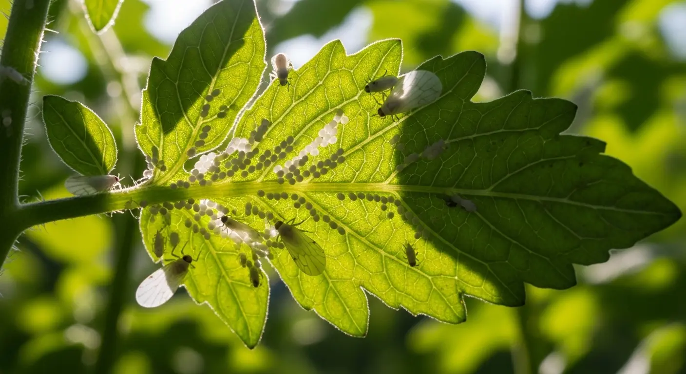 Feuilles de tomate retournées montrant des colonies d'aleurodes blancs, infestation au potager