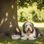 Chien allongé à l'ombre d'un arbre en été avec un bol d'eau fraîche à côté, journée ensoleillée