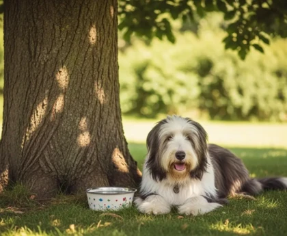 Chien allongé à l'ombre d'un arbre en été avec un bol d'eau fraîche à côté, journée ensoleillée