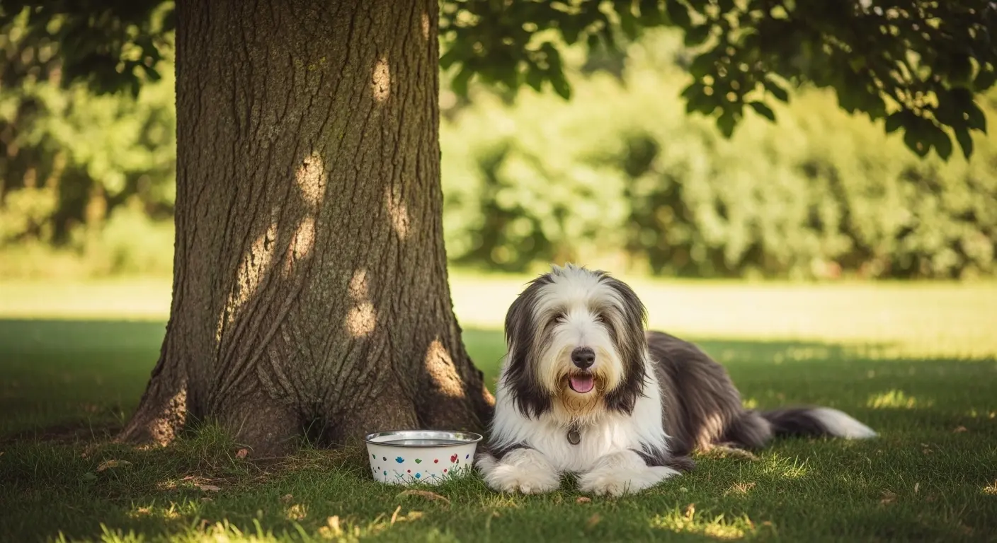 Chien allongé à l'ombre d'un arbre en été avec un bol d'eau fraîche à côté, journée ensoleillée