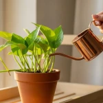 Main arrosant une plante verte en pot pour illustrer les bonnes pratiques d'arrosage des plantes d'intérieur