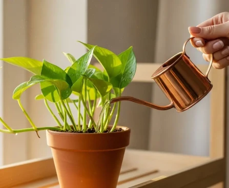 Main arrosant une plante verte en pot pour illustrer les bonnes pratiques d'arrosage des plantes d'intérieur