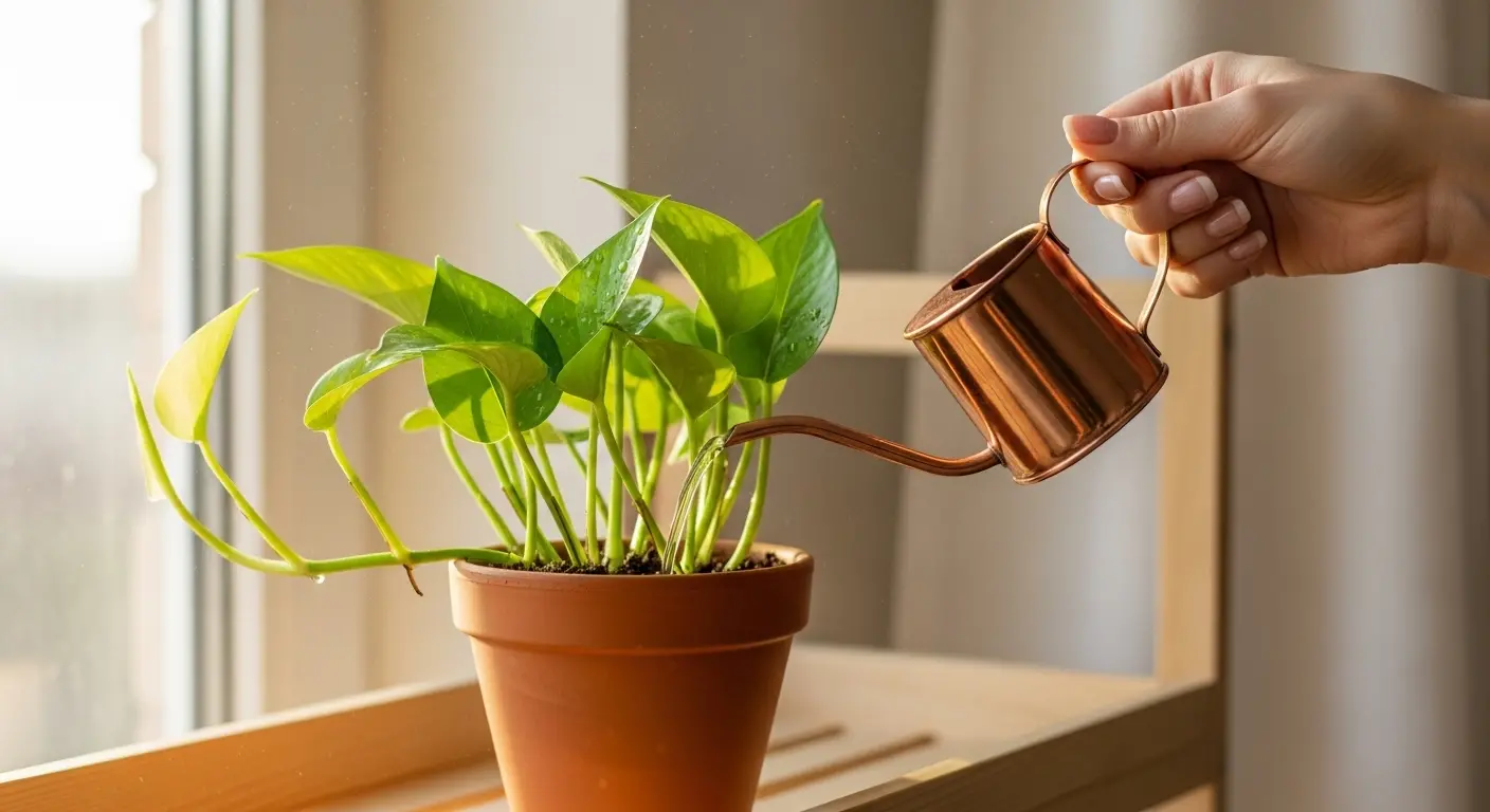 Main arrosant une plante verte en pot pour illustrer les bonnes pratiques d'arrosage des plantes d'intérieur