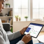 Personne utilisant une tablette pour se former continuellement pendant son petit-déjeuner à domicile