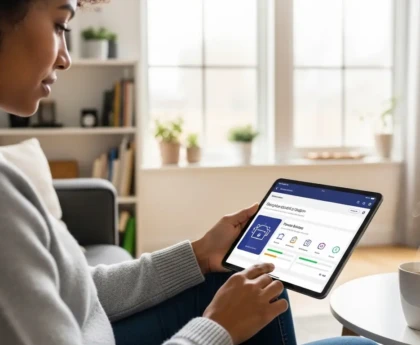 Personne utilisant une tablette pour se former continuellement pendant son petit-déjeuner à domicile