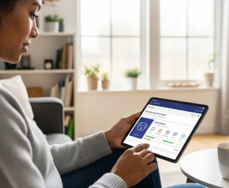 Personne utilisant une tablette pour se former continuellement pendant son petit-déjeuner à domicile