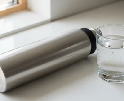Gourde en inox et verre d'eau fraîche pour illustrer comment bien boire de l'eau au quotidien