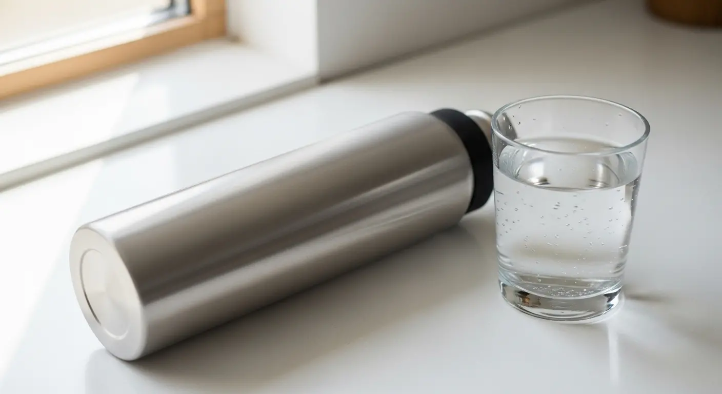 Gourde en inox et verre d'eau fraîche pour illustrer comment bien boire de l'eau au quotidien