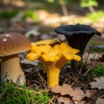 Différentes espèces de champignons comestibles sur le sol d'une forêt en automne