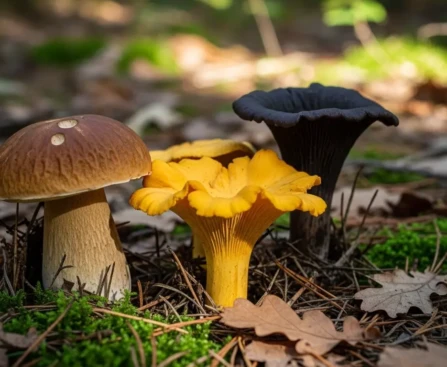 Différentes espèces de champignons comestibles sur le sol d'une forêt en automne