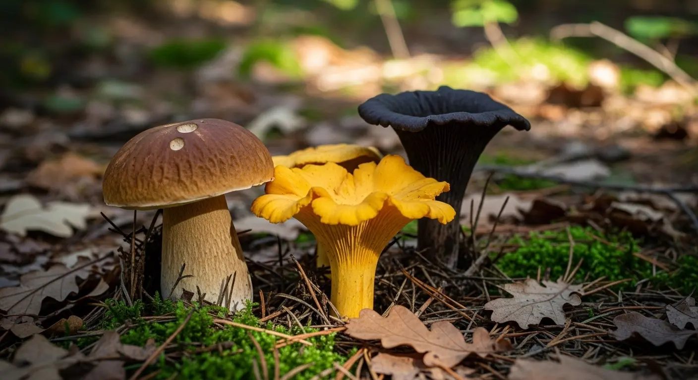 Différentes espèces de champignons comestibles sur le sol d'une forêt en automne