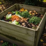 Bac à compost maison en bois dans un jardin avec épluchures de légumes et feuilles mortes