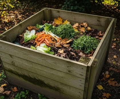 Bac à compost maison en bois dans un jardin avec épluchures de légumes et feuilles mortes