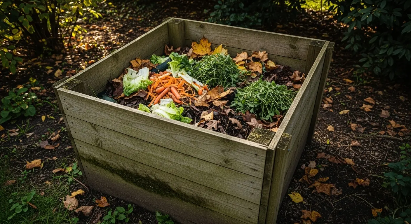 Bac à compost maison en bois dans un jardin avec épluchures de légumes et feuilles mortes