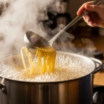 Casserole de pâtes en train de cuire avec de l'eau bouillante amidonnée sur une cuisinière