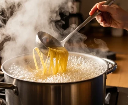 Casserole de pâtes en train de cuire avec de l'eau bouillante amidonnée sur une cuisinière