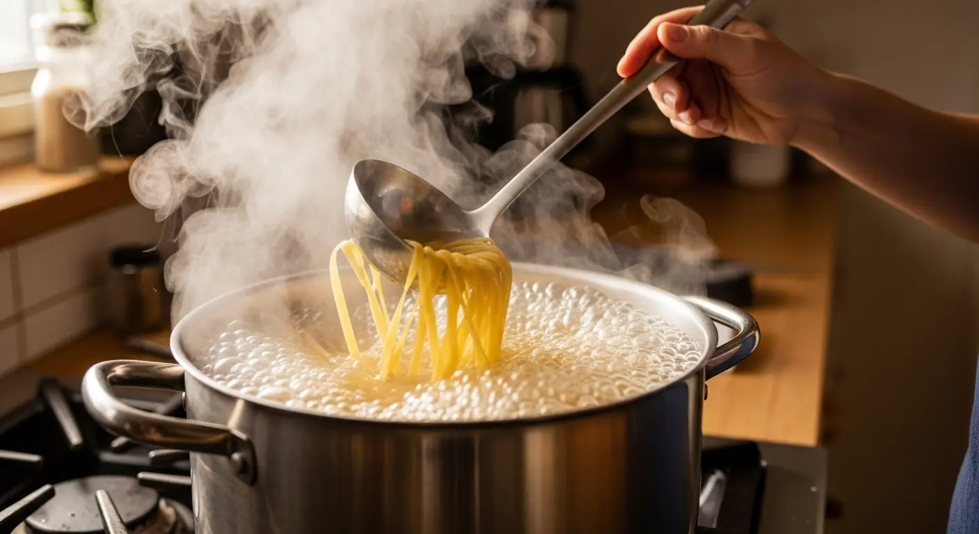 Casserole de pâtes en train de cuire avec de l'eau bouillante amidonnée sur une cuisinière
