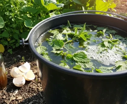 Seau de purin d'orties en préparation dans un jardin potager, orties fraîches macérant dans l'eau