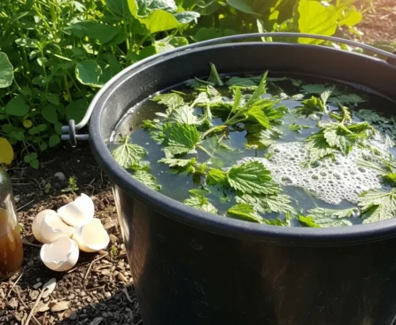 Seau de purin d'orties en préparation dans un jardin potager, orties fraîches macérant dans l'eau