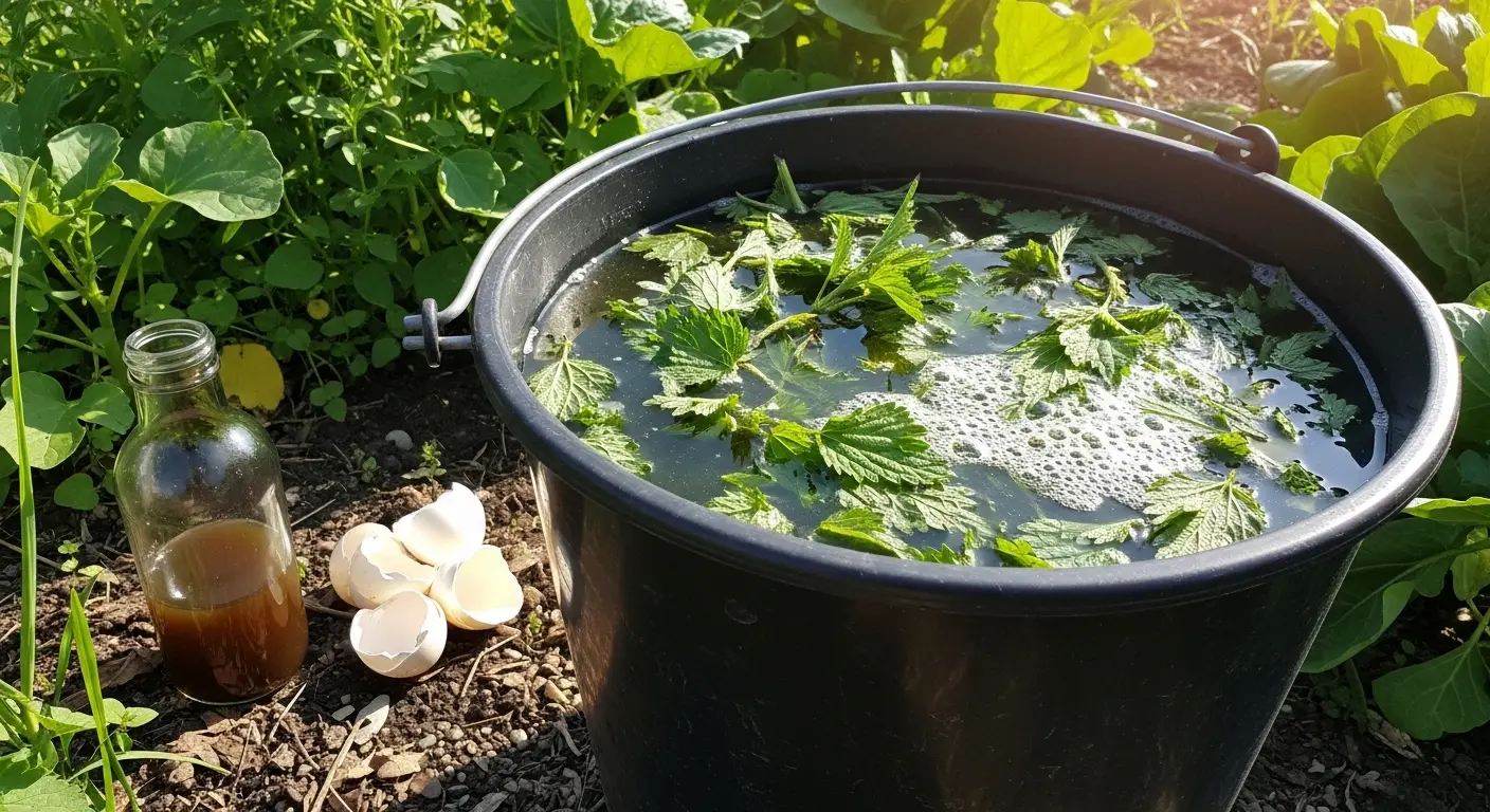 Seau de purin d'orties en préparation dans un jardin potager, orties fraîches macérant dans l'eau