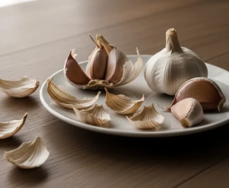Épluchures d'ail sur une table en bois avec des gousses d'ail entières