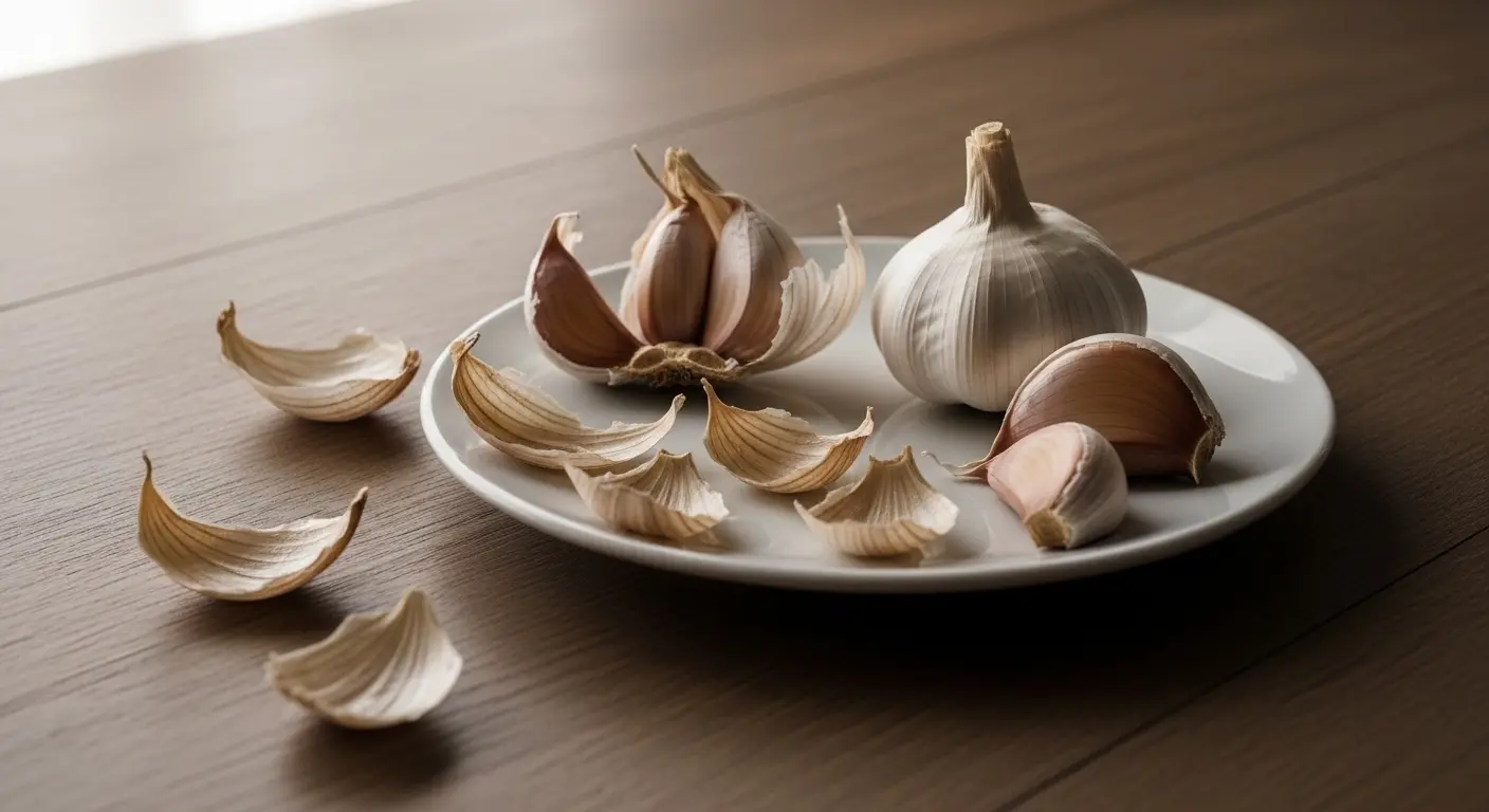 Épluchures d'ail sur une table en bois avec des gousses d'ail entières