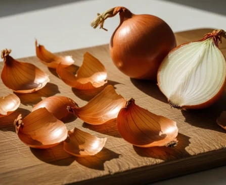 Épluchures d'oignon dorées sur une planche en bois à côté d'un oignon coupé