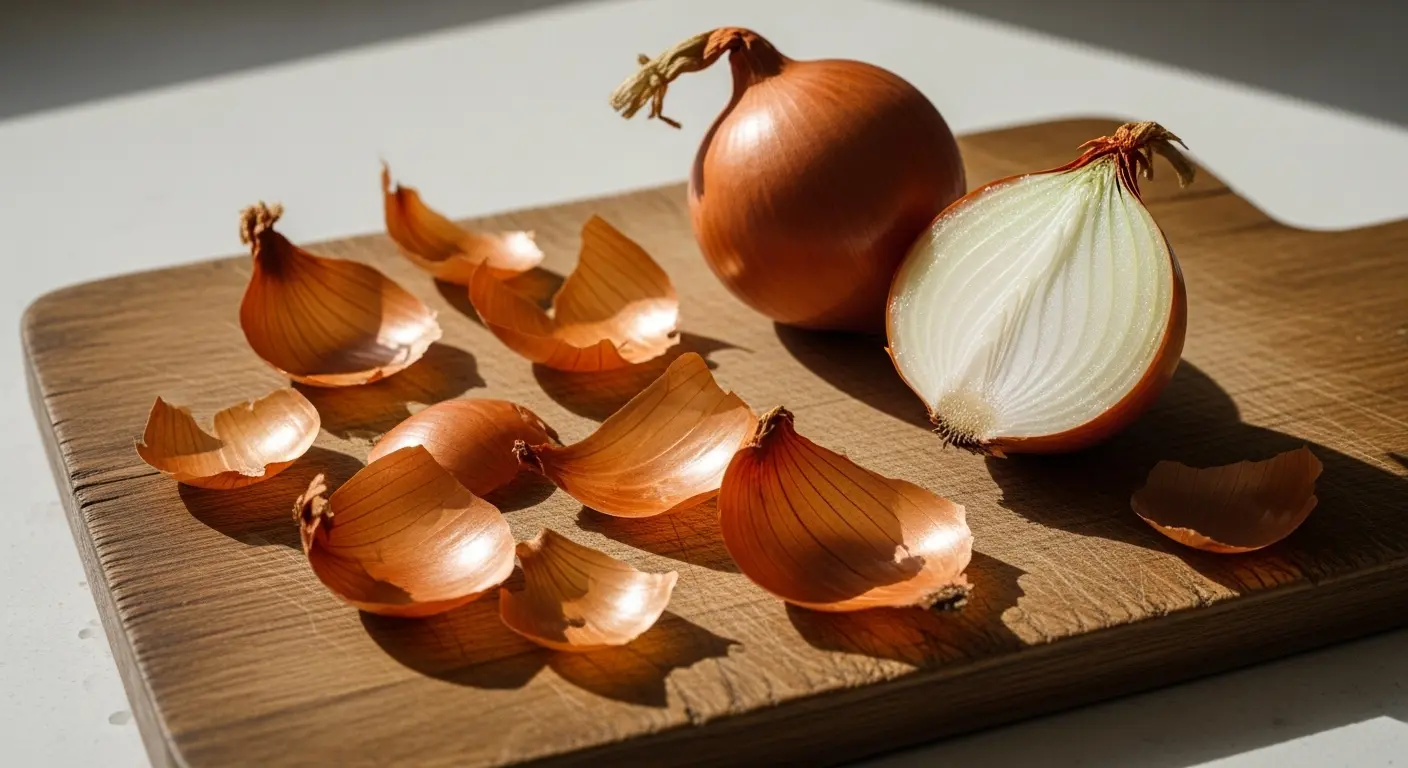 Épluchures d'oignon dorées sur une planche en bois à côté d'un oignon coupé