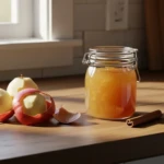 Épluchures de pommes bio sur un plan de travail en bois avec un pot de gelée maison