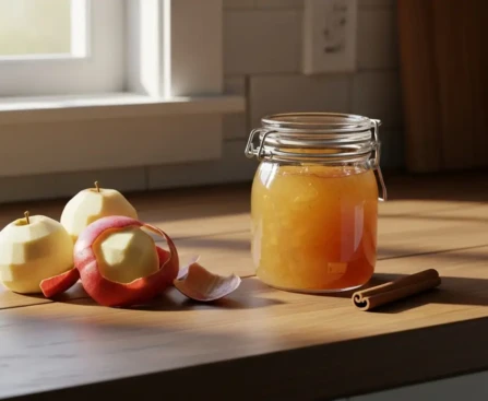 Épluchures de pommes bio sur un plan de travail en bois avec un pot de gelée maison