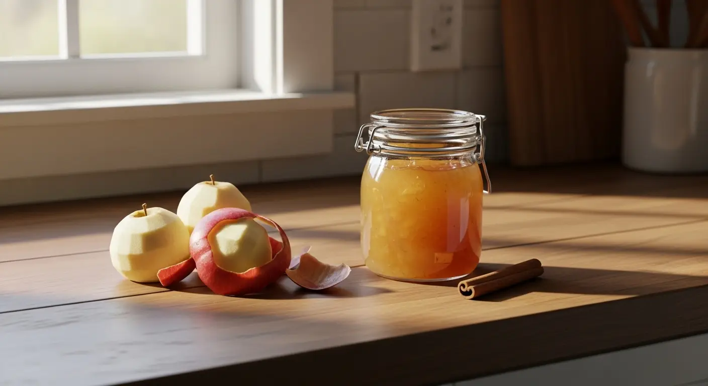 Épluchures de pommes bio sur un plan de travail en bois avec un pot de gelée maison