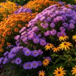 Fleurs d'automne, massif asters chrysanthèmes, jardin coloré